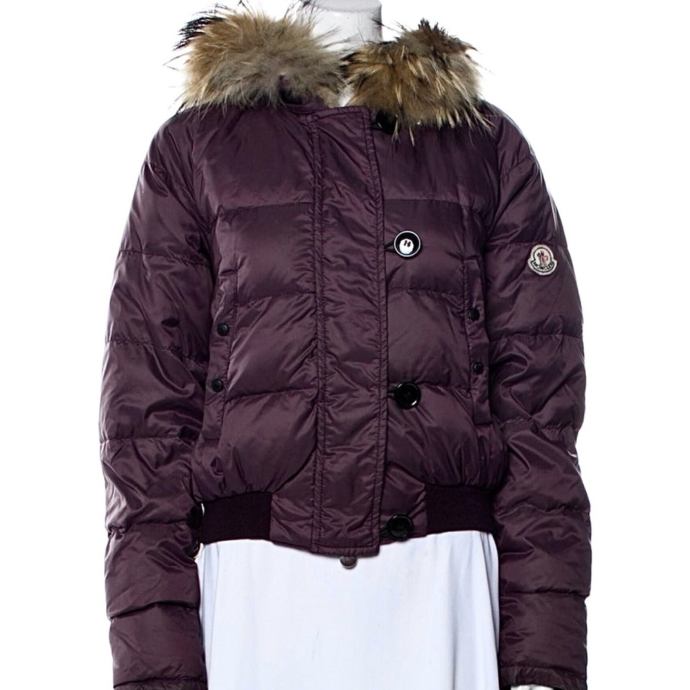 Women’s MONCLER Down Jacket With Genuine Fur Trimmed Hood-Eggplant Color. Size 3